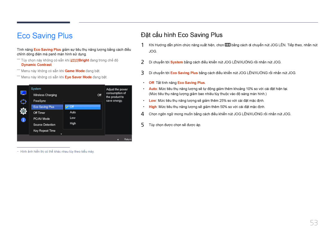 Samsung LS24E370DLJ/XV manual Đặ̣t cấ́u hì̀nh Eco Saving Plus, Off Tắ́t tí́nh năng Eco Saving Plus 