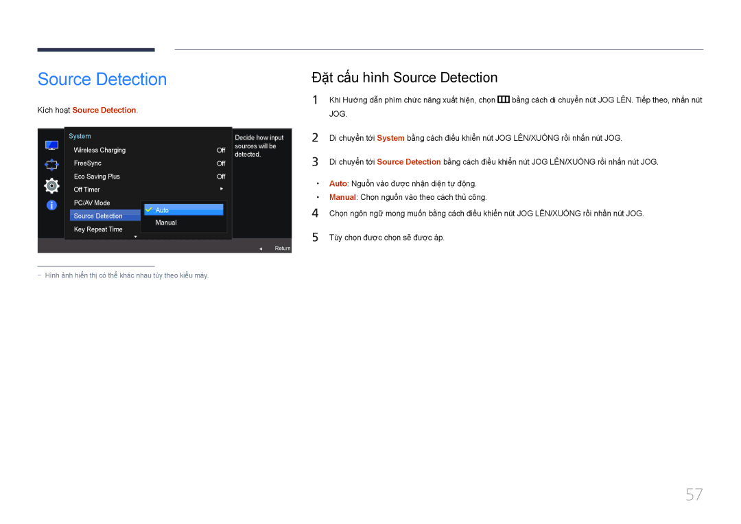 Samsung LS24E370DLJ/XV manual Đặ̣t cấ́u hì̀nh Source Detection, Kích hoạt Source Detection 