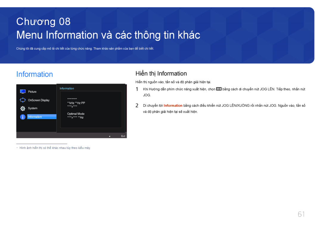 Samsung LS24E370DLJ/XV manual Menu Information và các thông tin khác, Hiển thi Information 