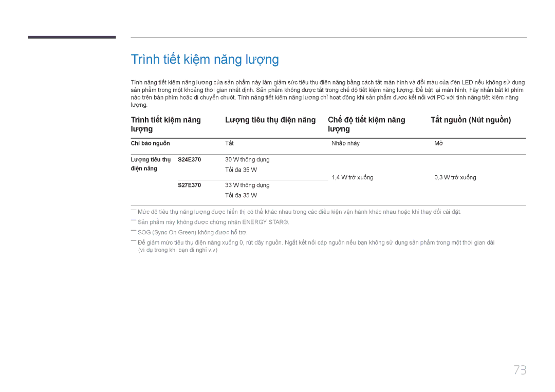 Samsung LS24E370DLJ/XV manual Trì̀nh tiế́t kiệ̣m năng lượ̣ng, Chỉ̉ báo nguồ̀n, Lượng tiêu thụ̣ S24E370, Điện năng, S27E370 