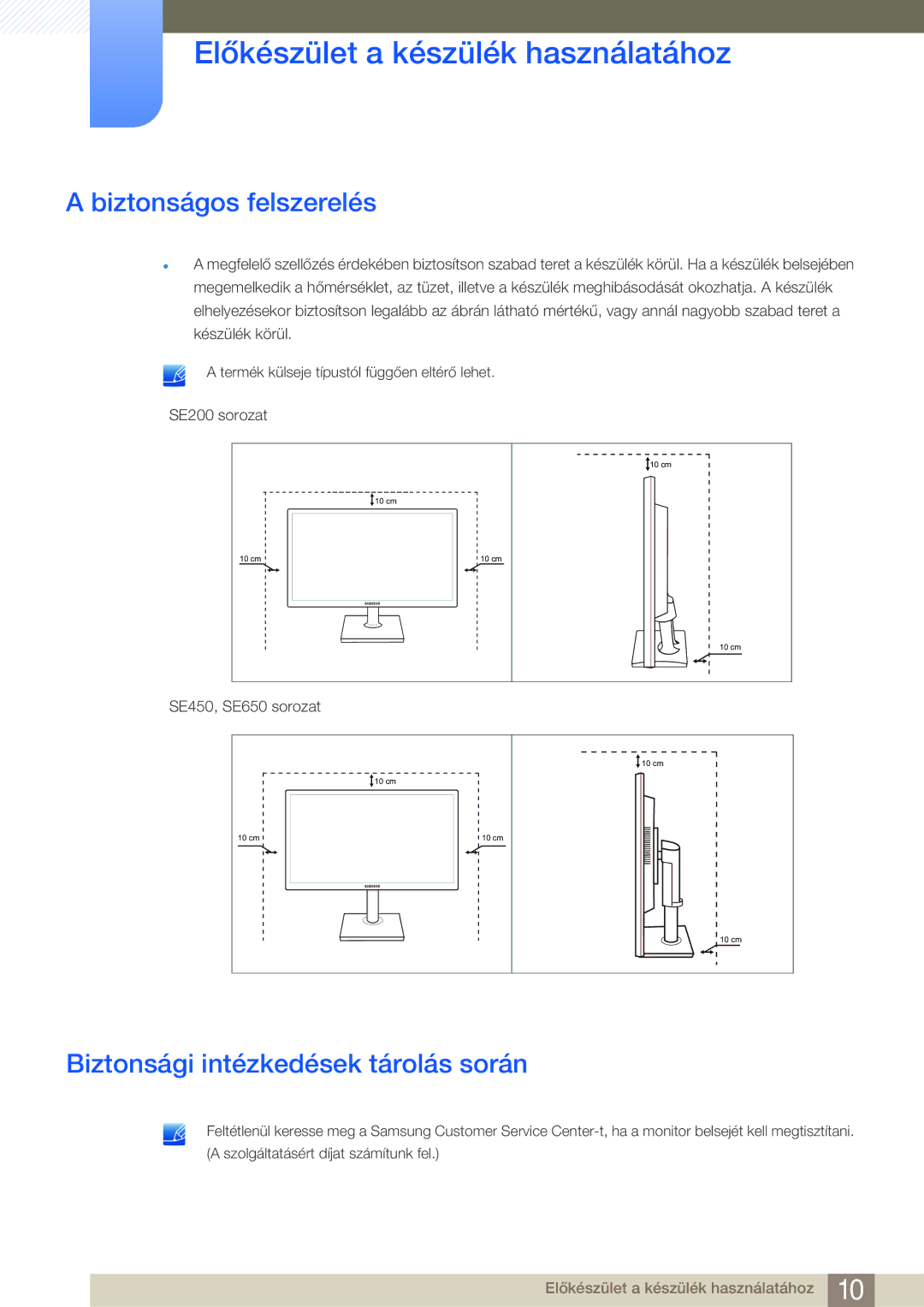 Samsung LS24E20KBL/EN, LS24E45KBS/EN, LS22E20KBS/EN manual Biztonságos felszerelés, Biztonsági intézkedések tárolás során 