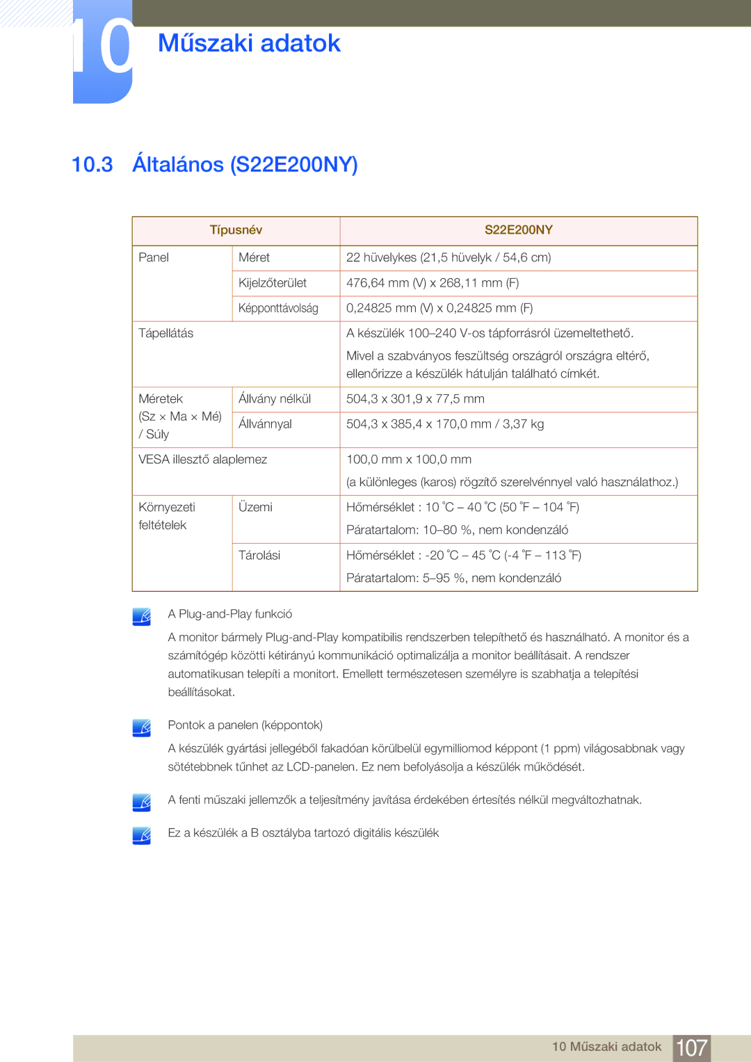 Samsung LS22E45UDW/EN, LS24E45KBS/EN, LS22E20KBS/EN, LS19E45KMW/EN manual 10.3 Általános S22E200NY, Típusnév S22E200NY 