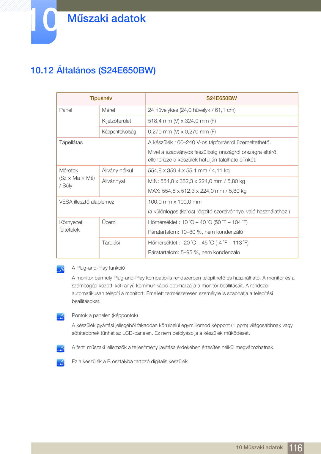 Samsung LS22E45KBSV/EN, LS24E45KBS/EN, LS22E20KBS/EN, LS19E45KMW/EN manual 10.12 Általános S24E650BW, Típusnév S24E650BW 