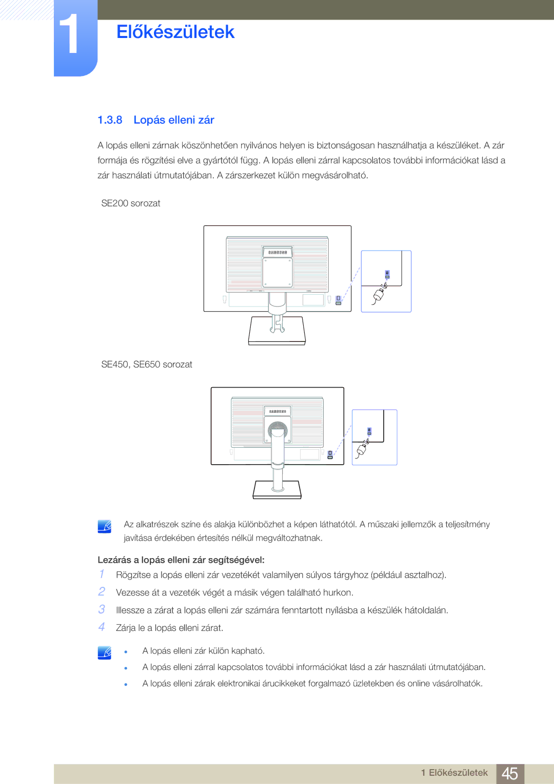 Samsung LS22E20KBS/EN, LS24E45KBS/EN, LS19E45KMW/EN, LS19E45KBW/EN, LS27E45KBS/EN, LS22E45KMSV/EN manual 8 Lopás elleni zár 