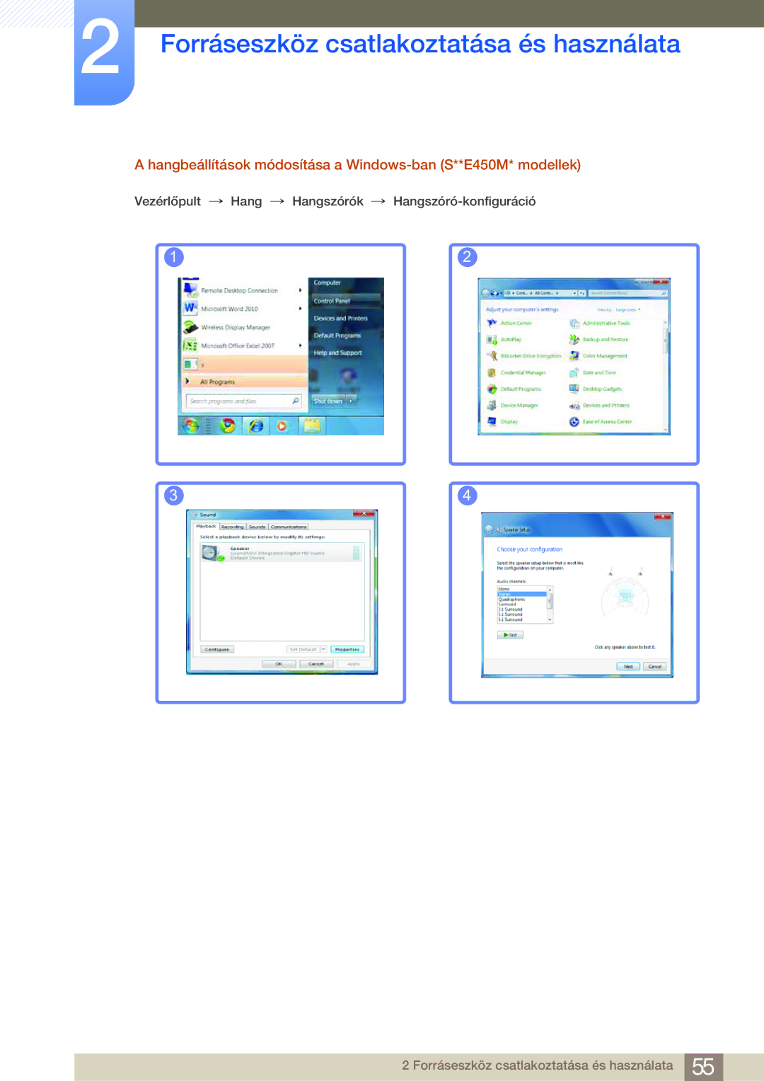 Samsung LS24E45KBL/EN, LS24E45KBS/EN, LS22E20KBS/EN manual Hangbeállítások módosítása a Windows-ban S**E450M* modellek 