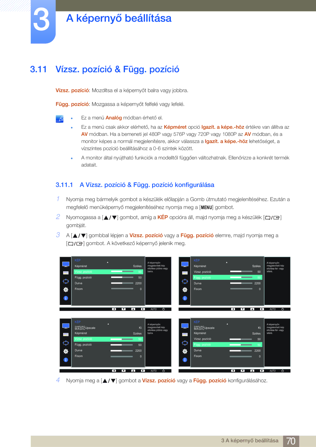 Samsung LS27E45KBS/EN manual 11 Vízsz. pozíció & Függ. pozíció, 11.1 a Vízsz. pozíció & Függ. pozíció konfigurálása 