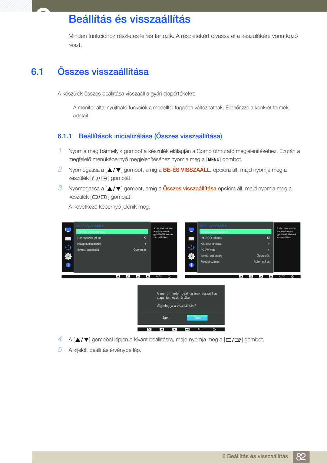 Samsung LS23E45KBS/EN, LS24E45KBS/EN, LS22E20KBS/EN, LS19E45KMW/EN manual Beállítás és visszaállítás, Összes visszaállítása 