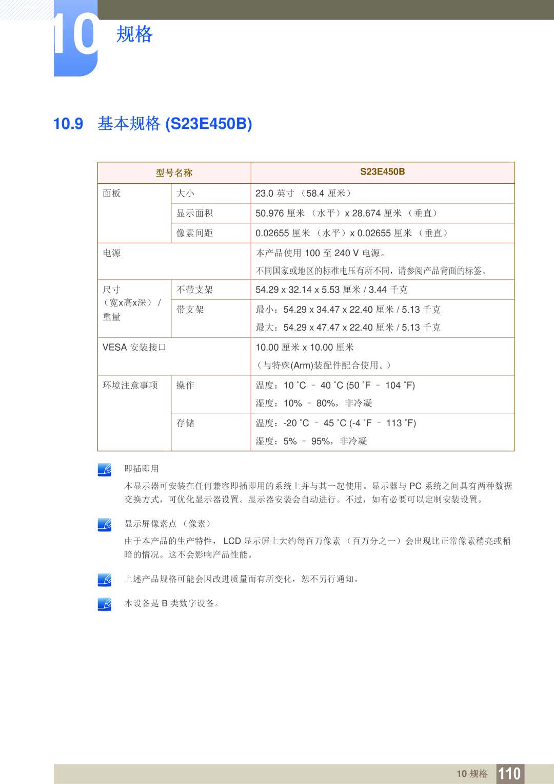 Samsung LS24E45KBS/EN, LS22E20KBS/EN, LS19E45KMW/EN, LS19E45KBW/EN, LS27E45KBS/EN, LS22E45KMSV/EN manual 10.9 基本规格 S23E450B 