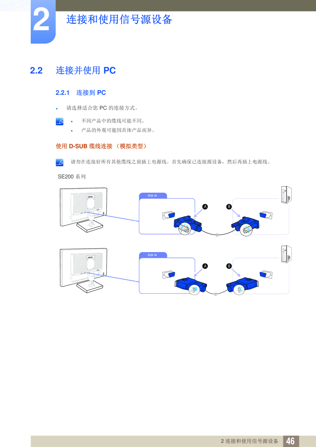 Samsung LS19E45KMW/EN, LS24E45KBS/EN, LS22E20KBS/EN, LS19E45KBW/EN, LS27E45KBS/EN, LS22E45KMSV/EN manual 连接并使用 Pc, 1 连接到 PC 