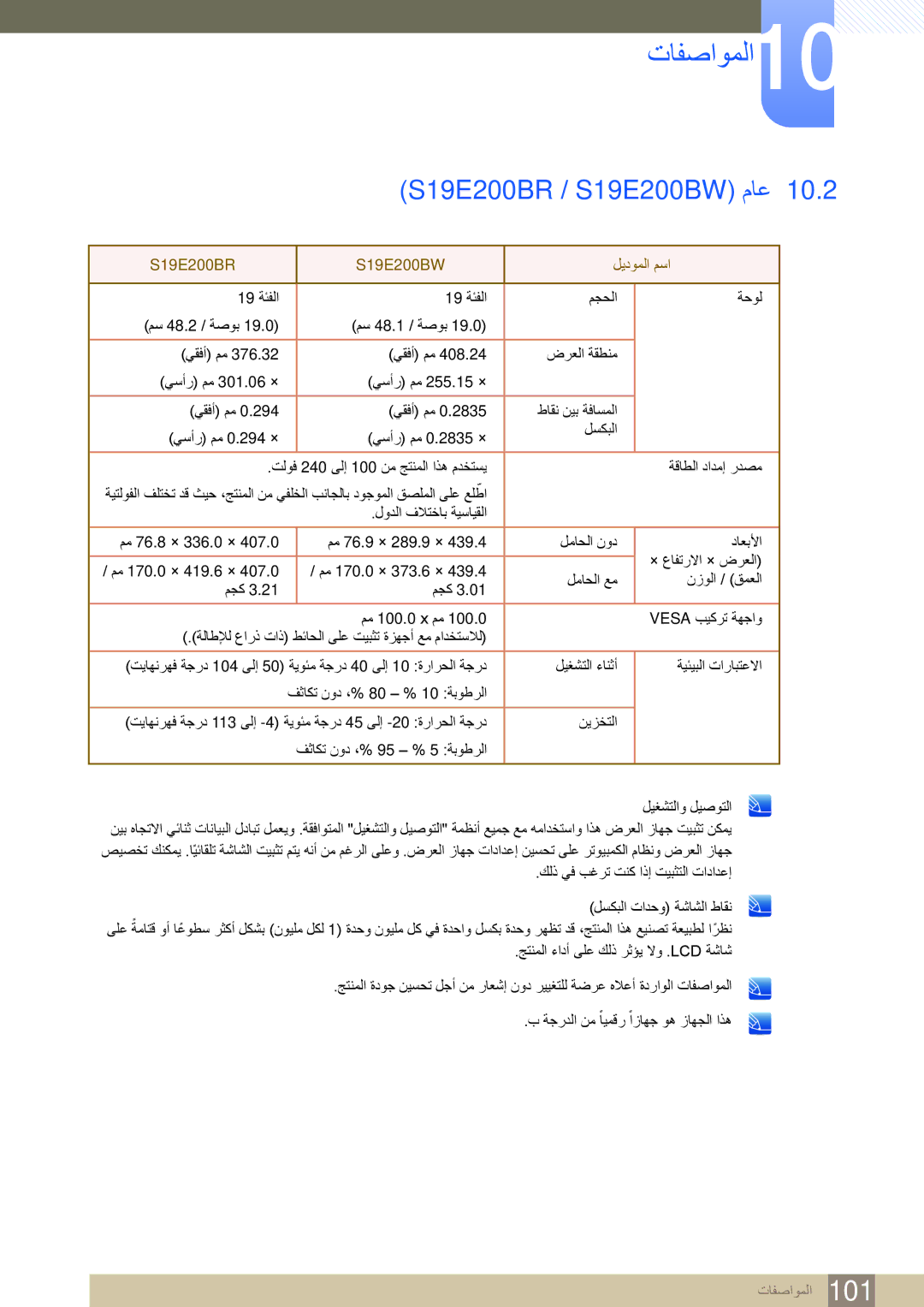 Samsung LS24E45KBSV/EN manual تافصاوملا10, S19E200BR S19E200BW ليدوملا مسا 