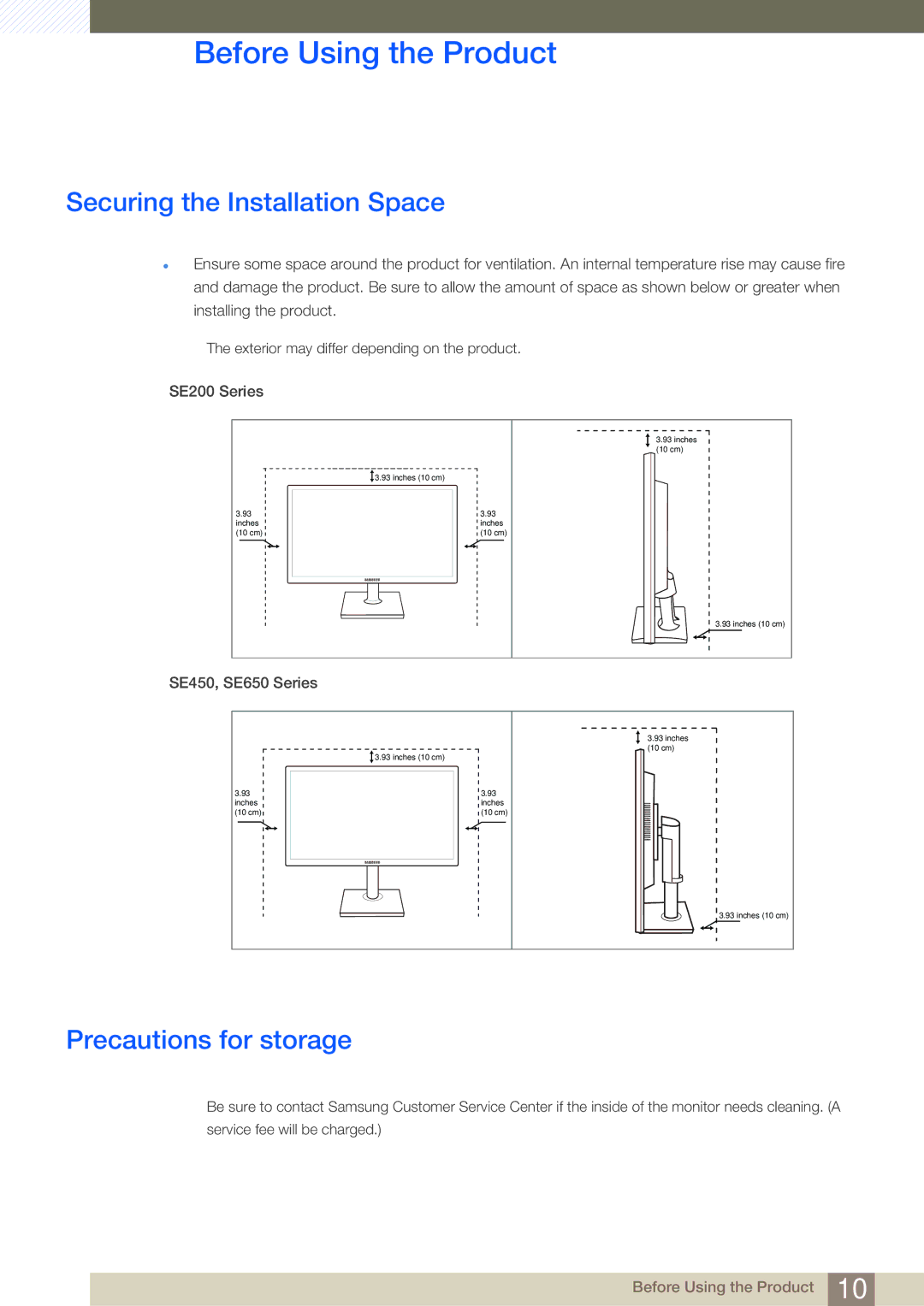 Samsung LS22E45KBWV/EN, LS24E45UDLC/EN, LS24E45KBS/EN manual Securing the Installation Space, Precautions for storage 