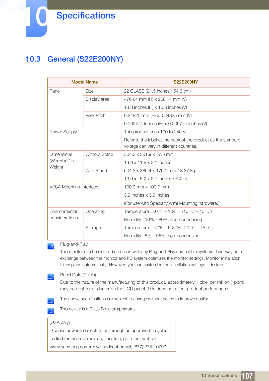 Samsung LS22E45KMSV/EN, LS24E45UDLC/EN, LS24E45KBS/EN, LS22E20KBS/EN, LS19E45KMW/EN General S22E200NY, Model Name S22E200NY 