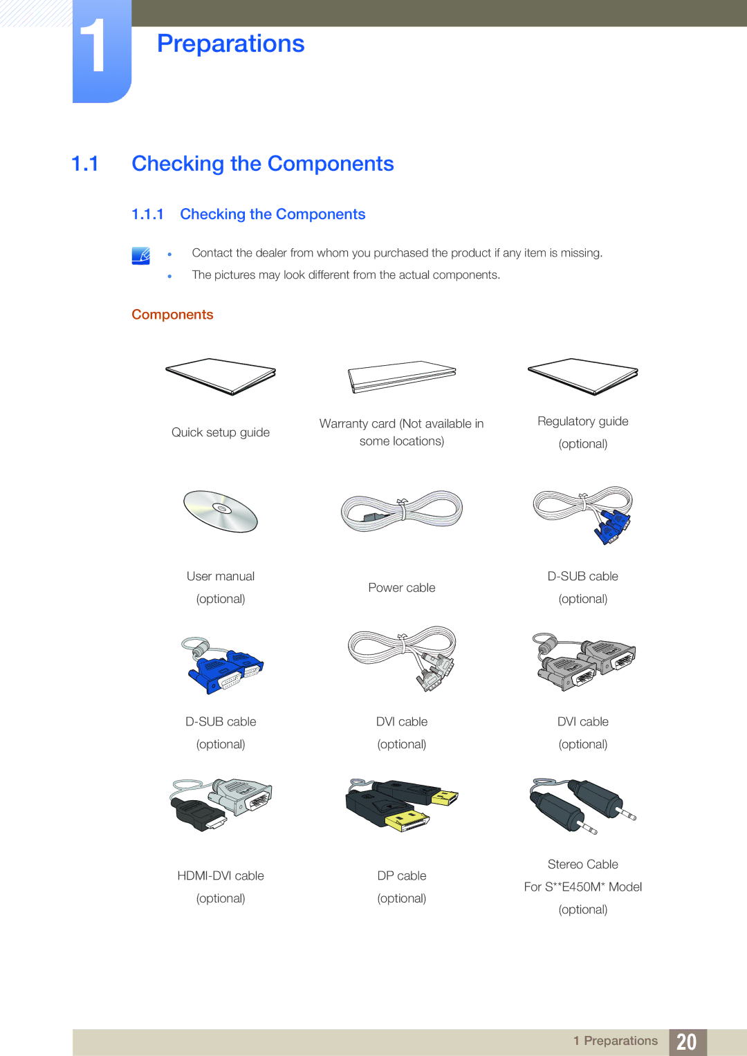 Samsung LS24E45UDS/EN, LS24E45UDLC/EN, LS24E45KBS/EN, LS22E20KBS/EN, LS19E45KMW/EN manual Preparations, Checking the Components 