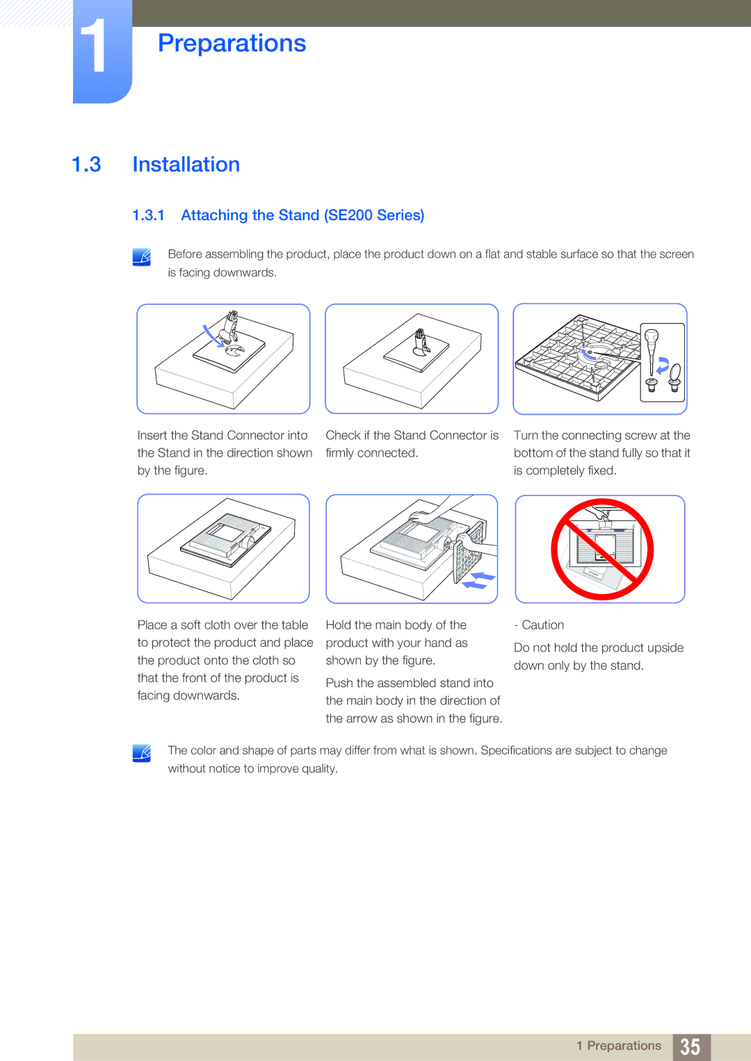 Samsung LS22E20KBW/CI, LS24E45UDLC/EN, LS24E45KBS/EN, LS22E20KBS/EN manual Installation, Attaching the Stand SE200 Series 