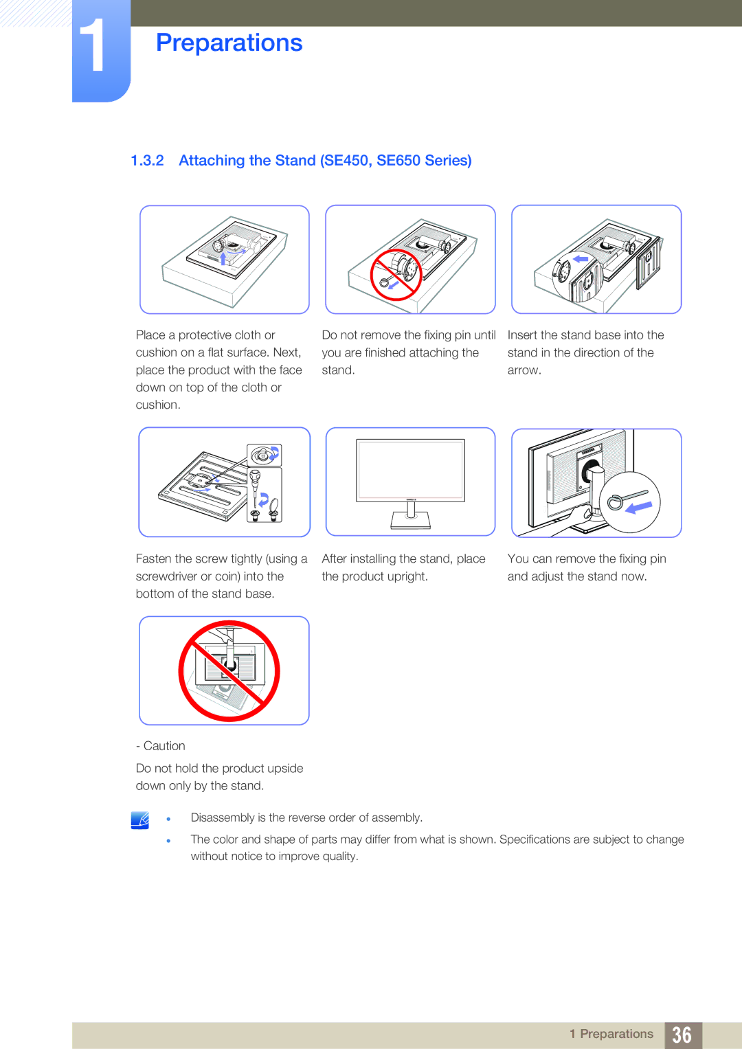 Samsung LS22E20KBS/CI, LS24E45UDLC/EN, LS24E45KBS/EN, LS22E20KBS/EN, LS19E45KMW/EN Attaching the Stand SE450, SE650 Series 