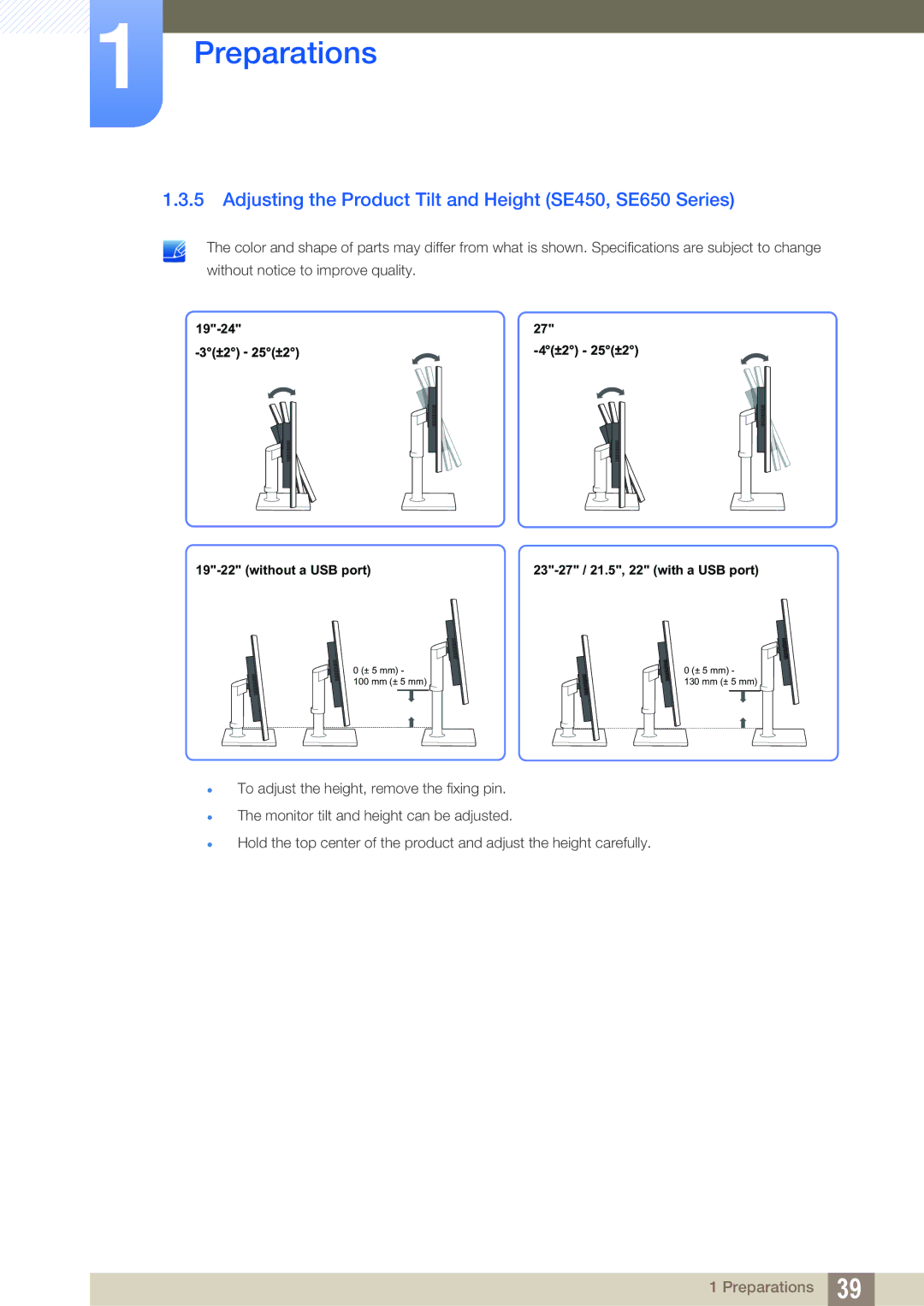 Samsung LS22E20KBW/CH, LS24E45UDLC/EN, LS24E45KBS/EN manual Adjusting the Product Tilt and Height SE450, SE650 Series 