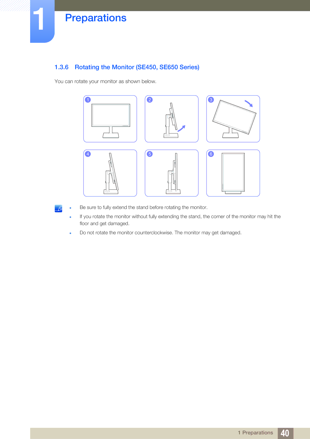 Samsung LS22E45UDW/CH, LS24E45UDLC/EN, LS24E45KBS/EN, LS22E20KBS/EN, LS19E45KMW/EN Rotating the Monitor SE450, SE650 Series 