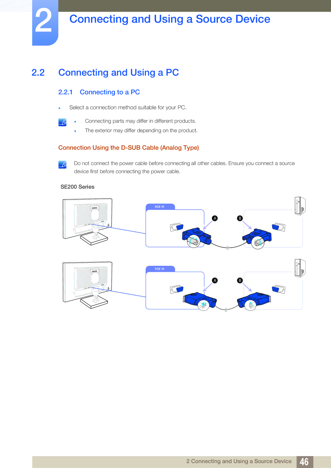 Samsung LS23E45KBS/CH manual Connecting and Using a PC, Connecting to a PC, Connection Using the D-SUB Cable Analog Type 