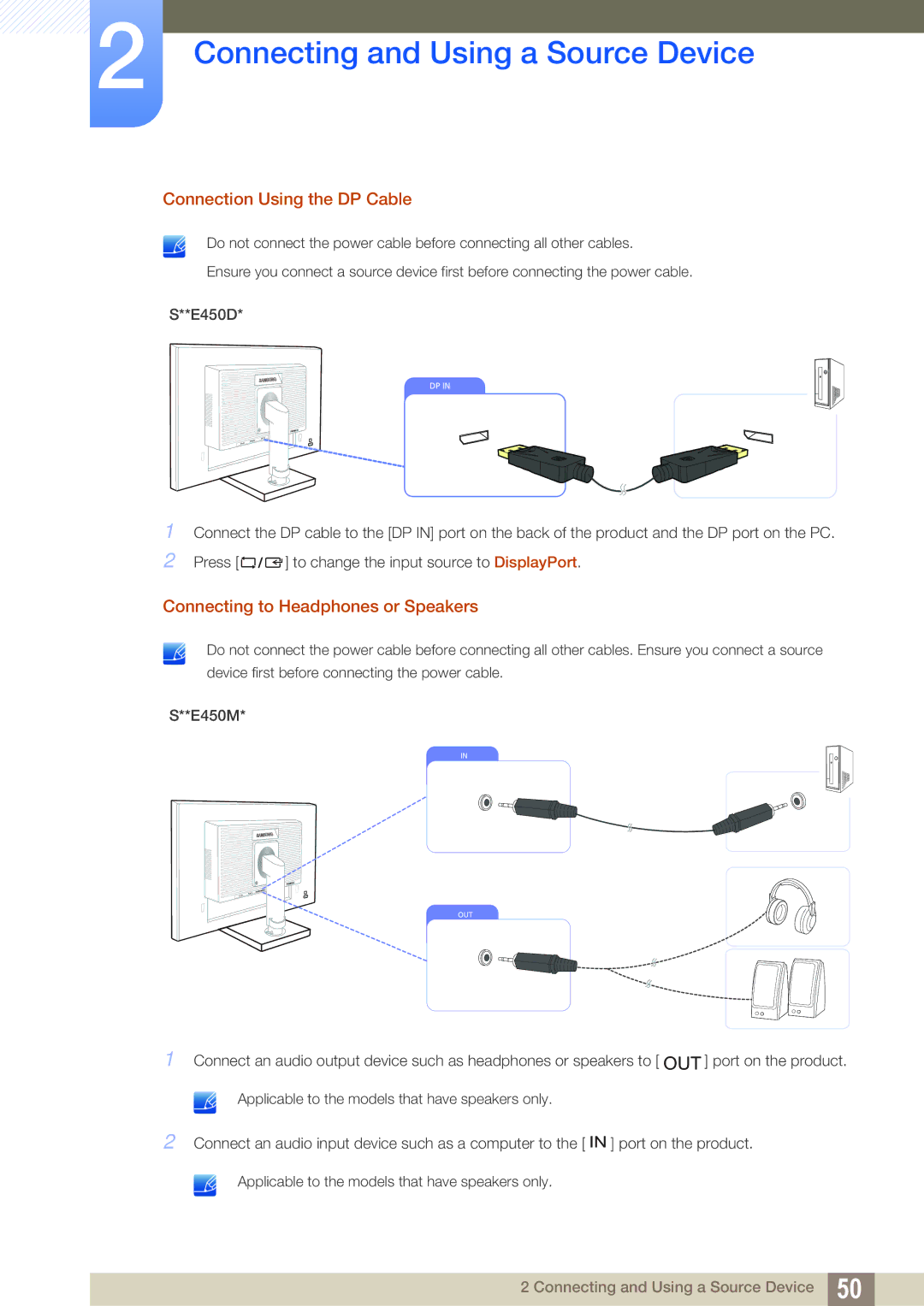 Samsung LS24E45UDLC/EN, LS24E45KBS/EN, LS22E20KBS/EN Connection Using the DP Cable, Connecting to Headphones or Speakers 