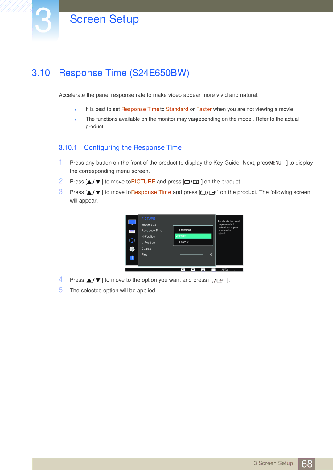 Samsung LS24E45KMS/EN, LS24E45UDLC/EN, LS24E45KBS/EN, LS22E20KBS/EN Response Time S24E650BW, Configuring the Response Time 