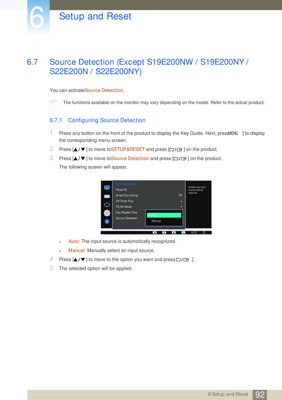 Samsung LS24E45UDS/CH, LS24E45UDLC/EN, LS24E45KBS/EN, LS22E20KBS/EN, LS19E45KMW/EN Configuring Source Detection, Setup&Reset 