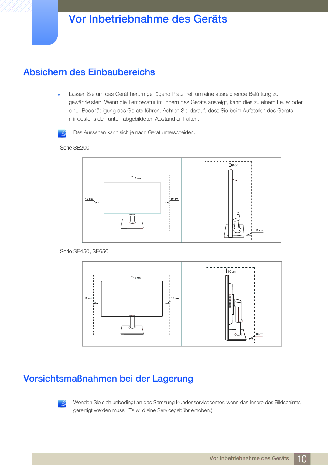 Samsung LS24E45KBSV/EN, LS24E45UDLC/EN, LS24E45KBS/EN Absichern des Einbaubereichs, Vorsichtsmaßnahmen bei der Lagerung 