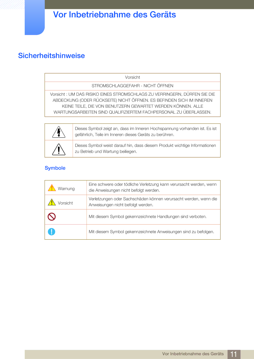 Samsung LS24E65KBWV/EN, LS24E45UDLC/EN, LS24E45KBS/EN, LS22E20KBS/EN, LS27E45KBS/EN manual Sicherheitshinweise, Symbole 