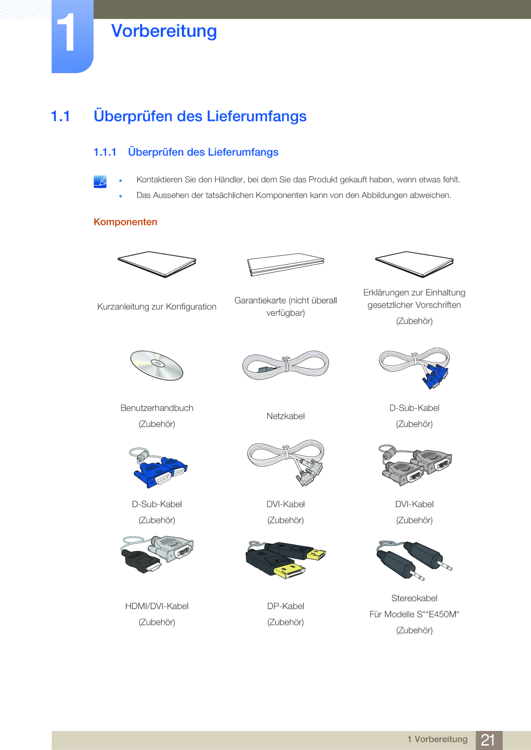 Samsung LS24E20KBL/EN, LS24E45UDLC/EN, LS24E45KBS/EN manual Vorbereitung, 1 Überprüfen des Lieferumfangs, Komponenten 