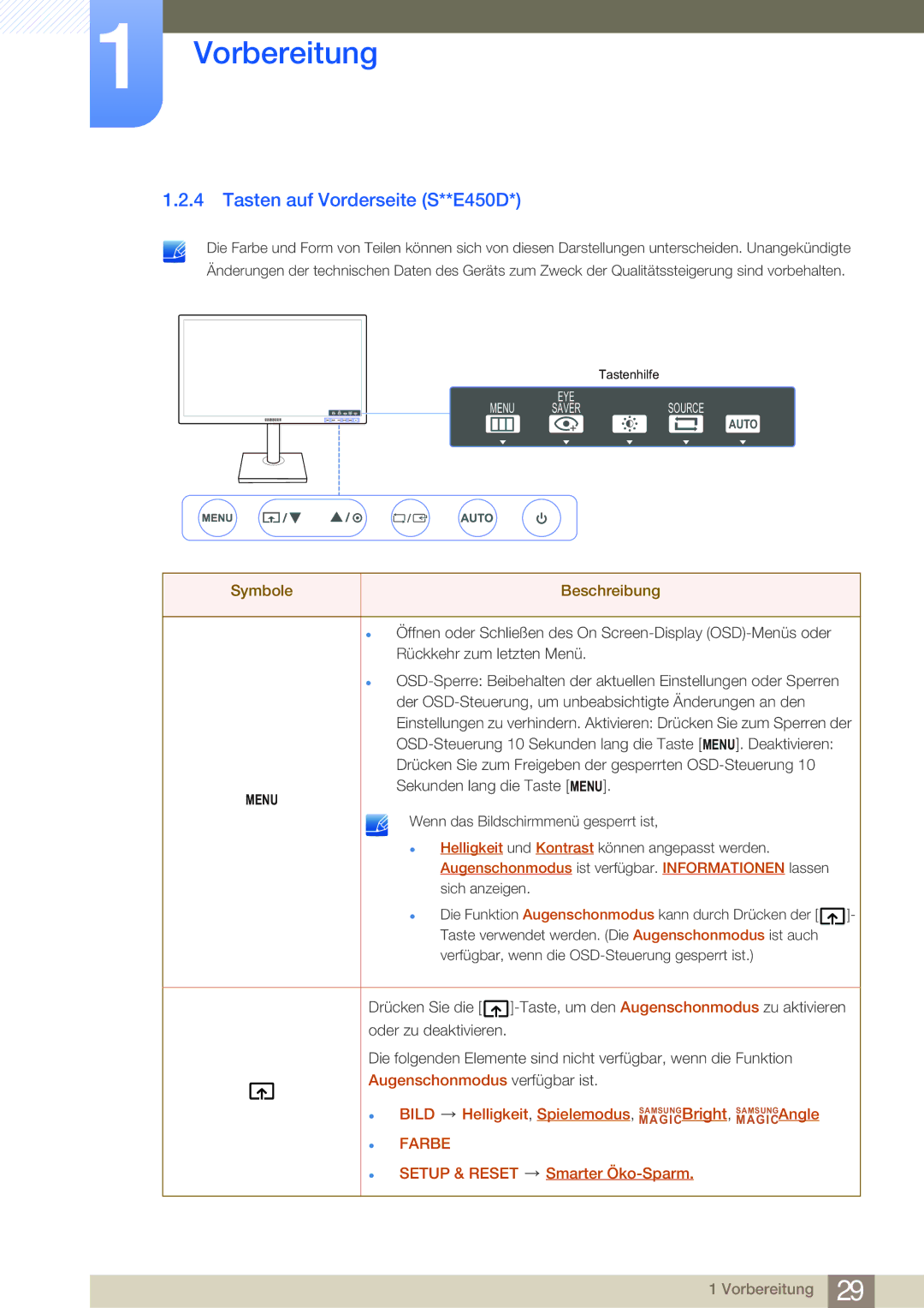 Samsung LS24E45KBS/EN, LS24E45UDLC/EN, LS22E20KBS/EN, LS27E45KBS/EN, LS22E45KMSV/EN manual Tasten auf Vorderseite S**E450D 