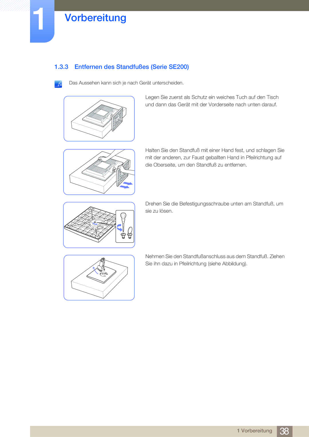 Samsung LS24E45KBSV/EN, LS24E45UDLC/EN, LS24E45KBS/EN, LS22E20KBS/EN, LS27E45KBS/EN manual Entfernen des Standfußes Serie SE200 