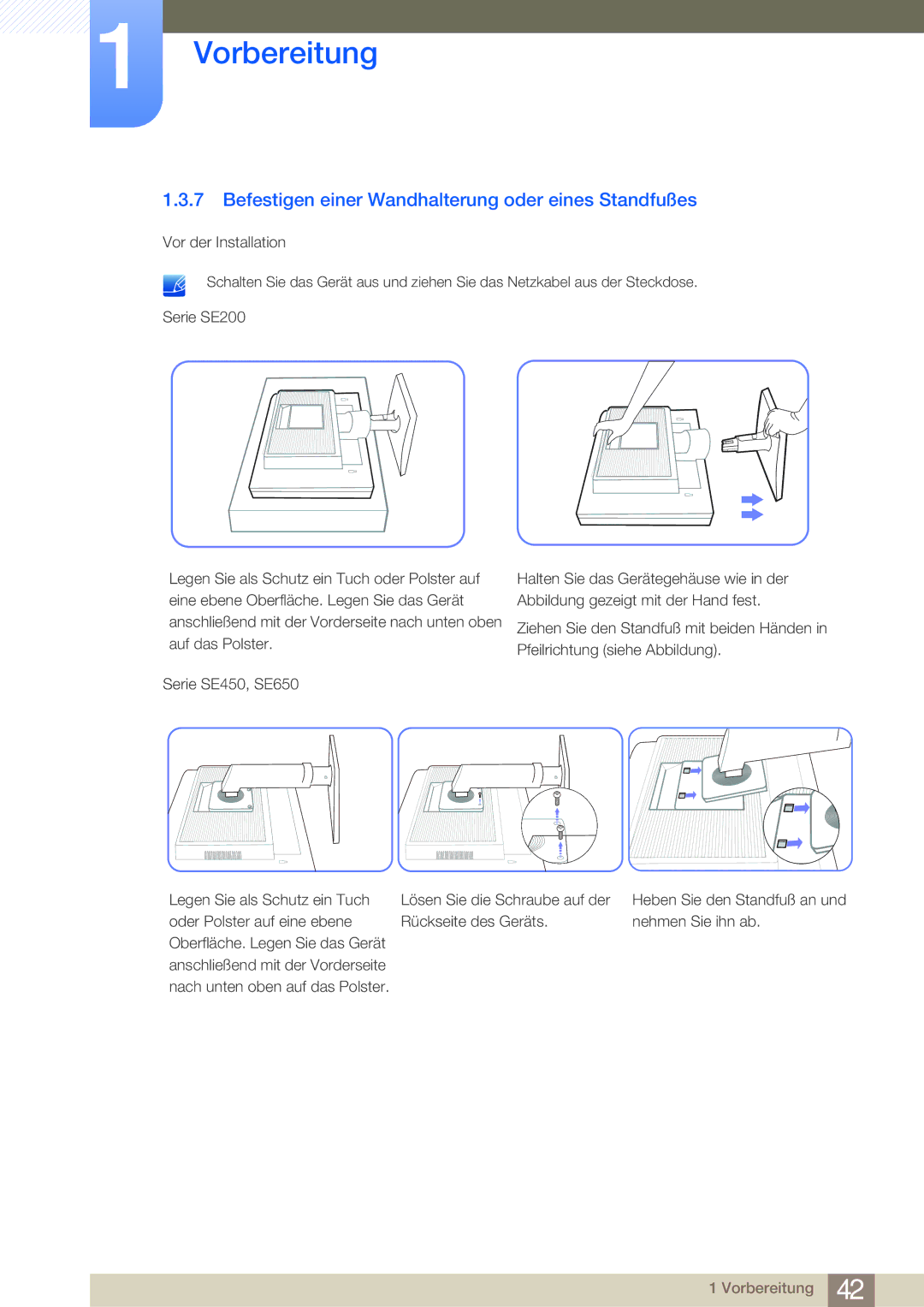 Samsung LS24E45UDLC/EN, LS24E45KBS/EN, LS22E20KBS/EN, LS27E45KBS/EN Befestigen einer Wandhalterung oder eines Standfußes 