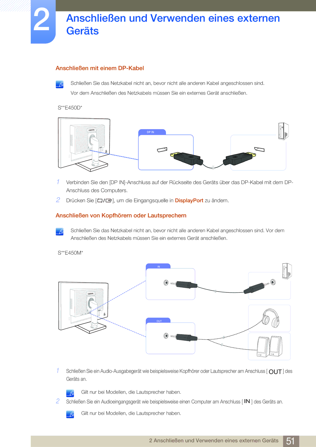 Samsung LS22E45KMWV/EN, LS24E45UDLC/EN manual Anschließen mit einem DP-Kabel, Anschließen von Kopfhörern oder Lautsprechern 