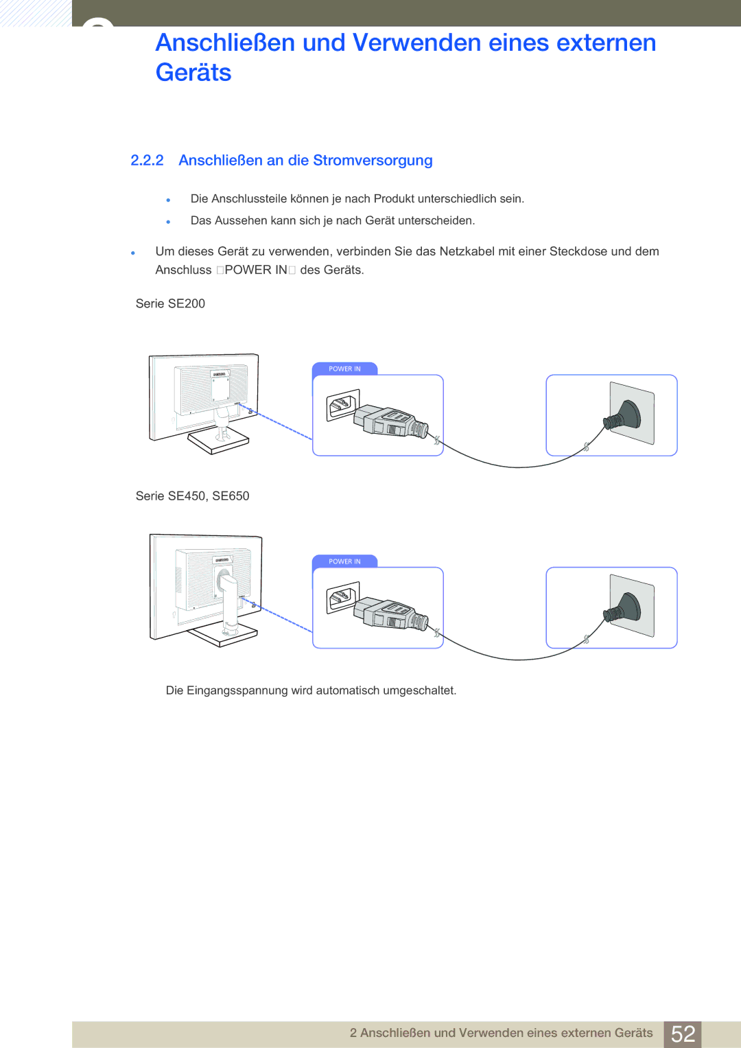 Samsung LS24E45KBSV/EN, LS24E45UDLC/EN, LS24E45KBS/EN, LS22E20KBS/EN, LS27E45KBS/EN manual Anschließen an die Stromversorgung 