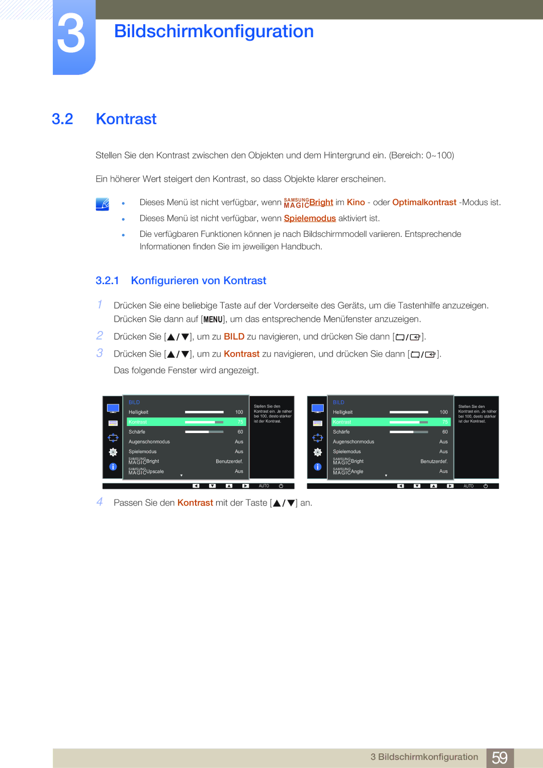 Samsung LS27E45KBS/EN, LS24E45UDLC/EN, LS24E45KBS/EN, LS22E20KBS/EN, LS22E45KMSV/EN manual Konfigurieren von Kontrast 