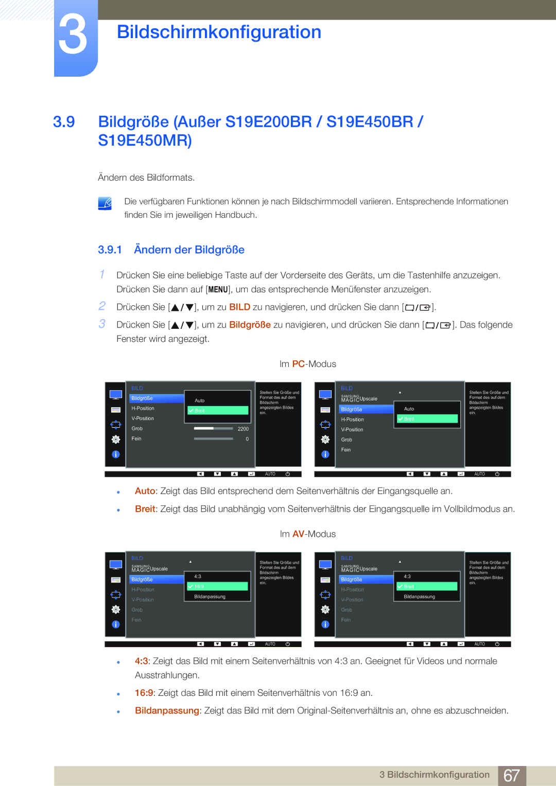 Samsung LS24E65KBWV/EN, LS24E45UDLC/EN manual Bildgröße Außer S19E200BR / S19E450BR / S19E450MR, 1 Ändern der Bildgröße 