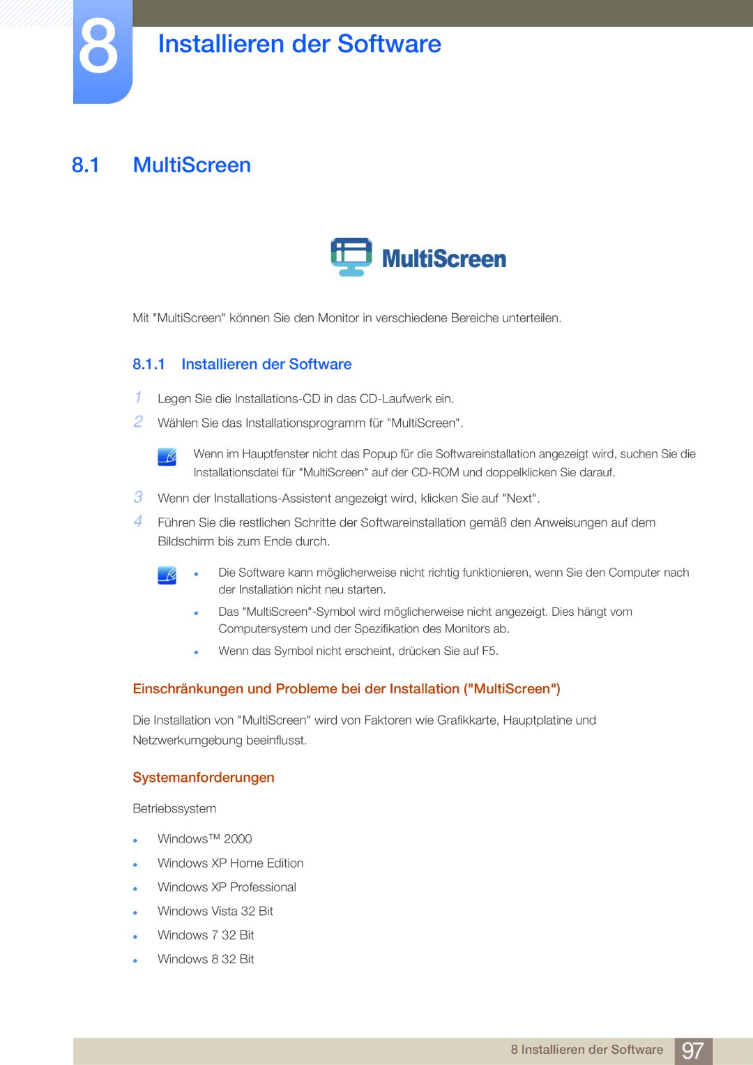 Samsung LS23E45KBS/EN, LS24E45UDLC/EN, LS24E45KBS/EN manual Installieren der Software, MultiScreen, Systemanforderungen 