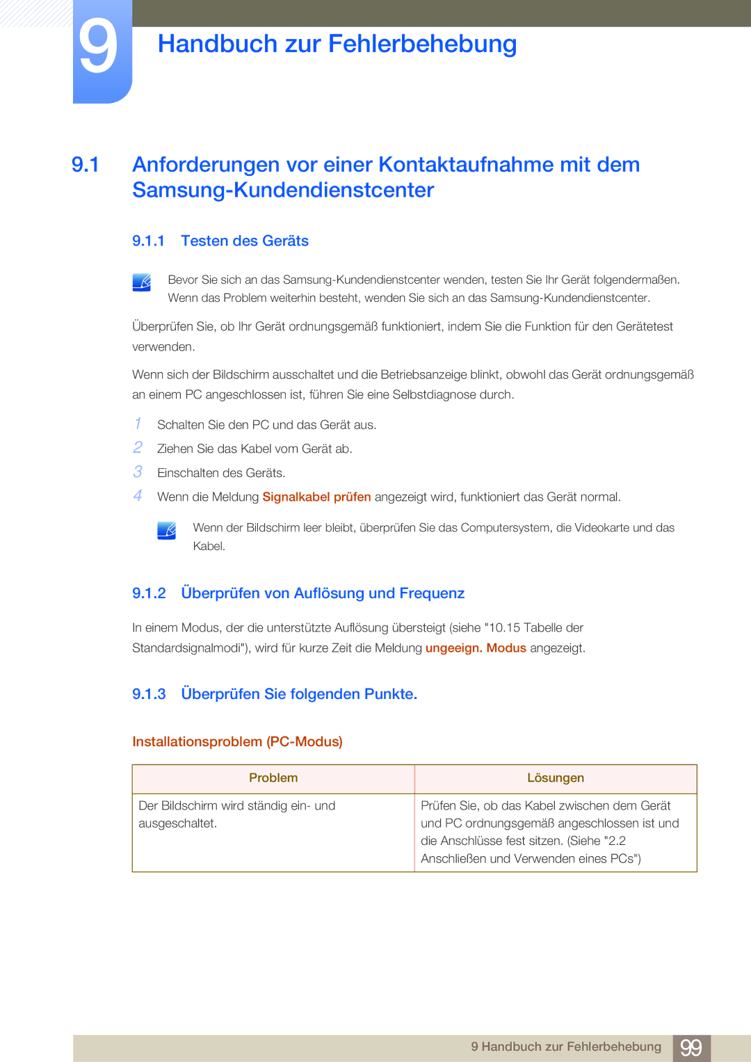 Samsung LS24E45KBS/EN manual Handbuch zur Fehlerbehebung, Testen des Geräts, 2 Überprüfen von Auflösung und Frequenz 