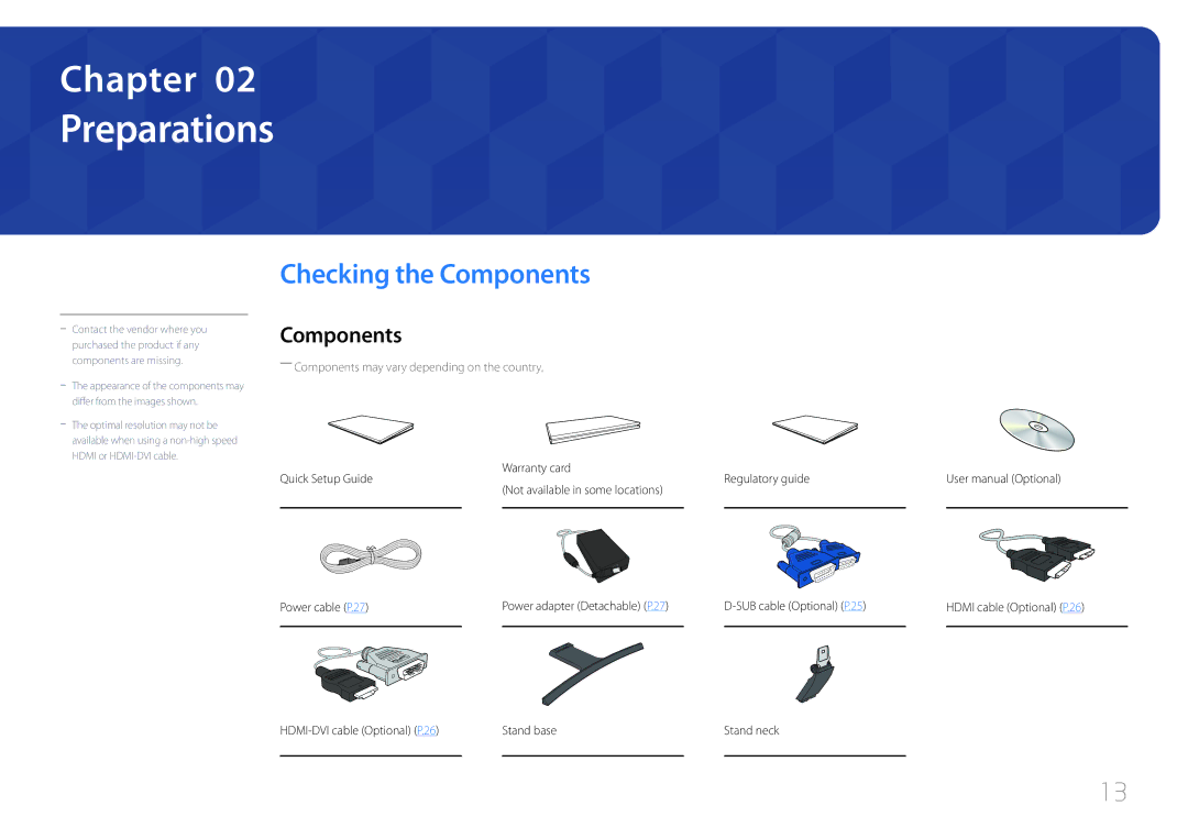 Samsung LS27E500CSZ/EN manual Preparations, Checking the Components, SUB cable Optional P.25 Hdmi cable Optional P.26 