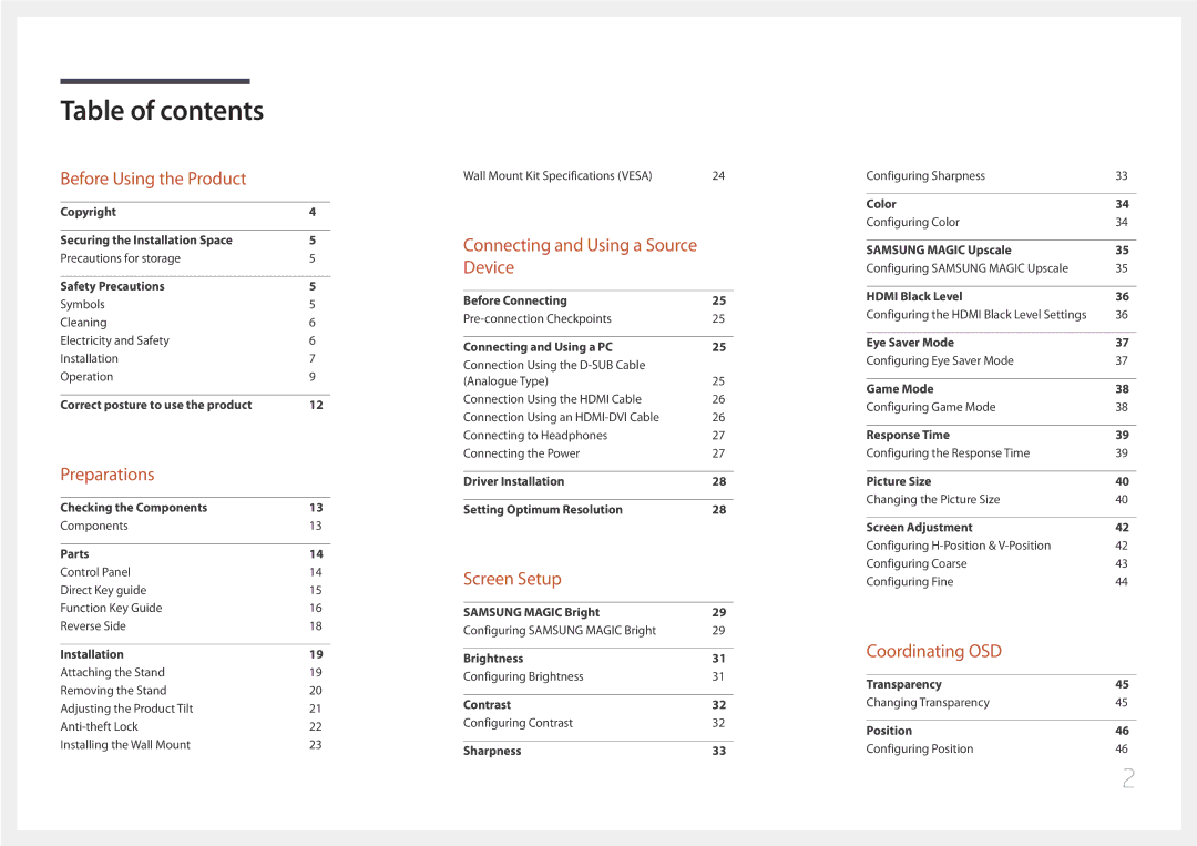 Samsung LS27E500CS/CI, LS24E500CS/EN, LS27E500CSZ/EN, LS24E500CS/CI manual Table of contents 