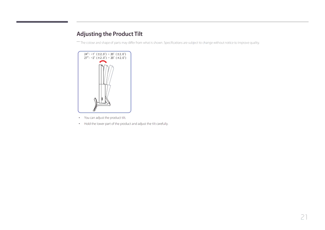 Samsung LS27E500CSZ/EN, LS24E500CS/EN, LS27E500CS/CI, LS24E500CS/CI manual Adjusting the Product Tilt 