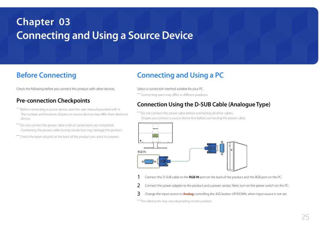 Samsung LS27E500CSZ/EN, LS24E500CS/EN Connecting and Using a Source Device, Before Connecting, Connecting and Using a PC 