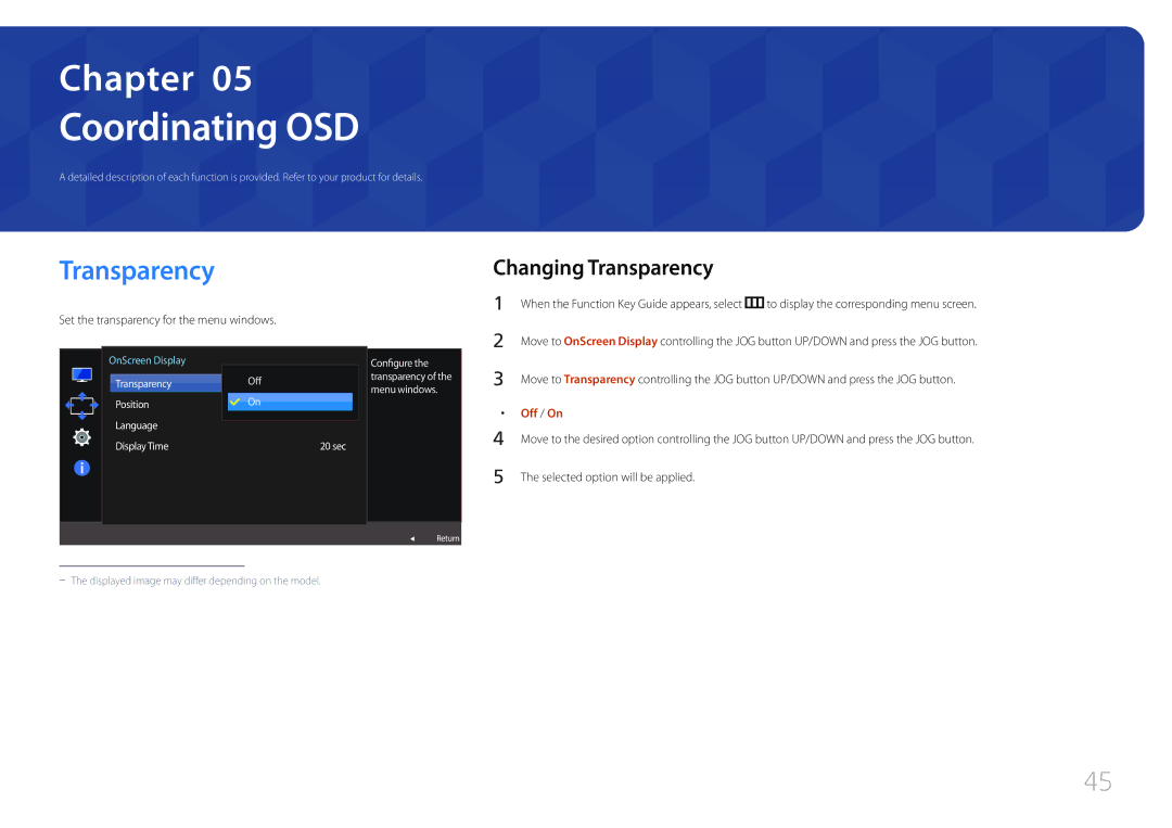 Samsung LS27E500CSZ/EN Coordinating OSD, Changing Transparency, Set the transparency for the menu windows, Off / On 