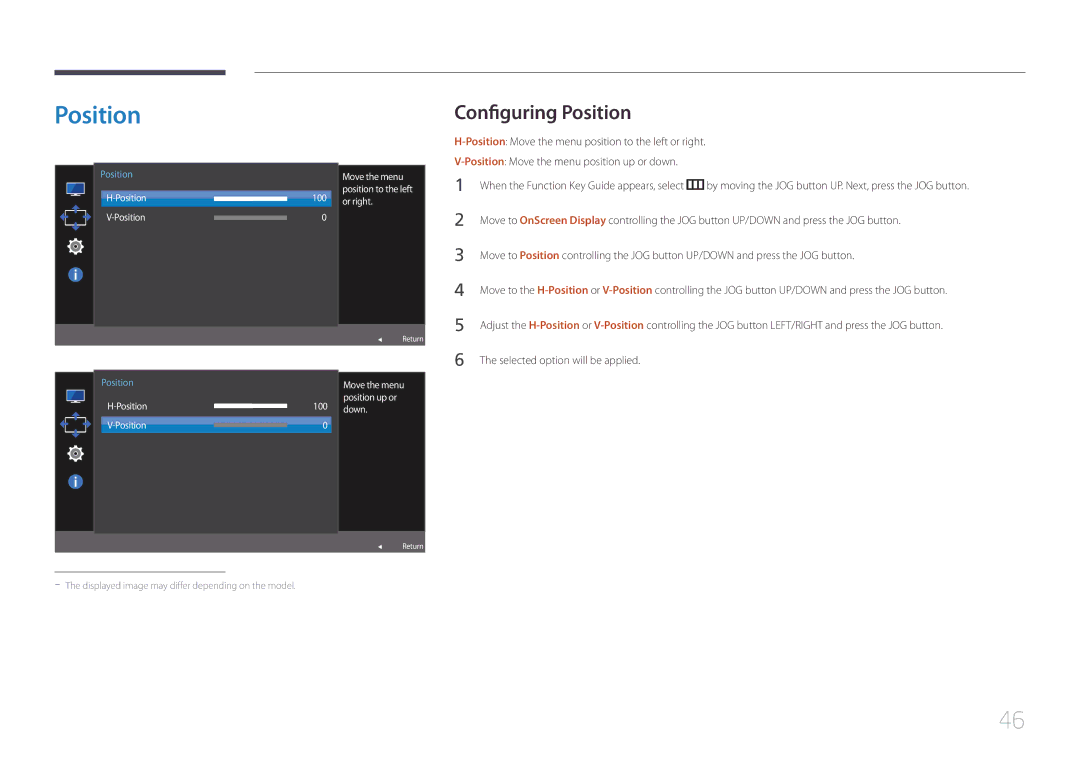 Samsung LS27E500CS/CI, LS24E500CS/EN, LS27E500CSZ/EN Configuring Position, Position Move the menu position up or down 