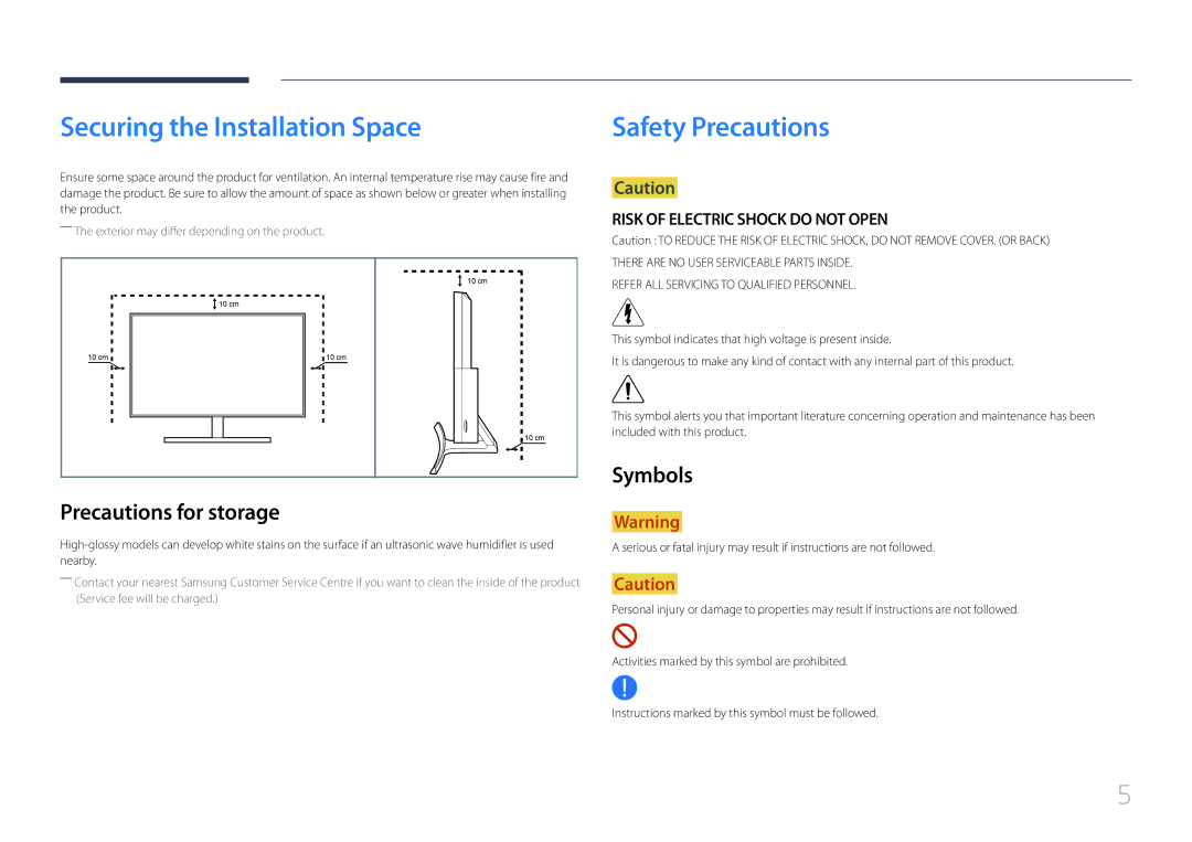 Samsung LS27E500CSZ/EN, LS24E500CS/EN, LS27E500CS/CI manual Securing the Installation Space, Precautions for storage, Symbols 