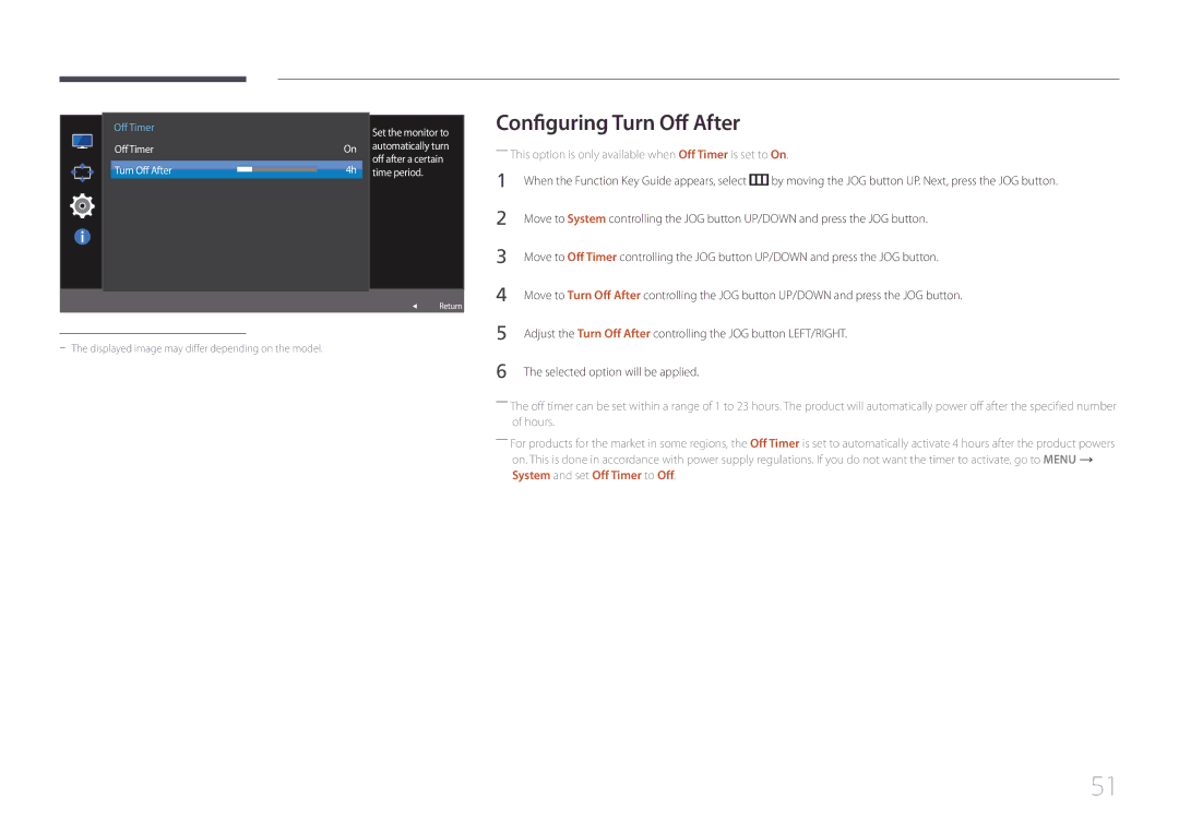 Samsung LS24E500CS/CI manual Configuring Turn Off After, ――This option is only available when Off Timer is set to On 