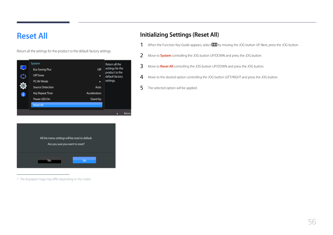 Samsung LS24E500CS/EN, LS27E500CSZ/EN, LS27E500CS/CI, LS24E500CS/CI manual Initializing Settings Reset All 