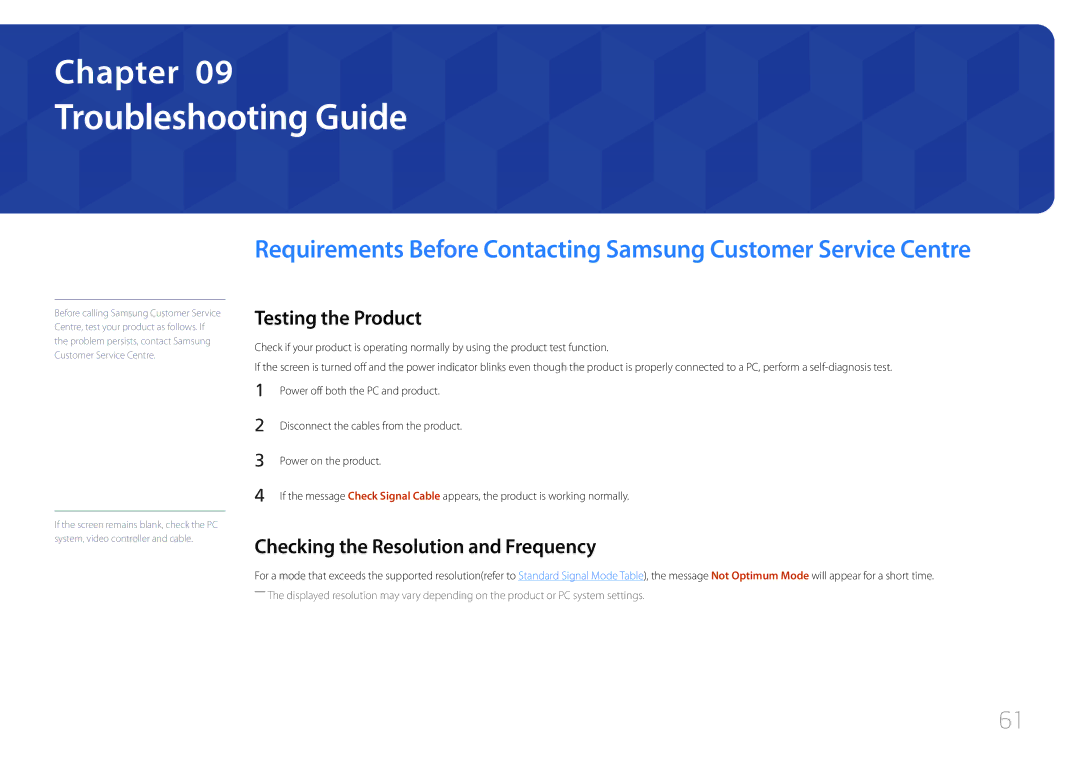 Samsung LS27E500CSZ/EN, LS24E500CS/EN Troubleshooting Guide, Testing the Product, Checking the Resolution and Frequency 