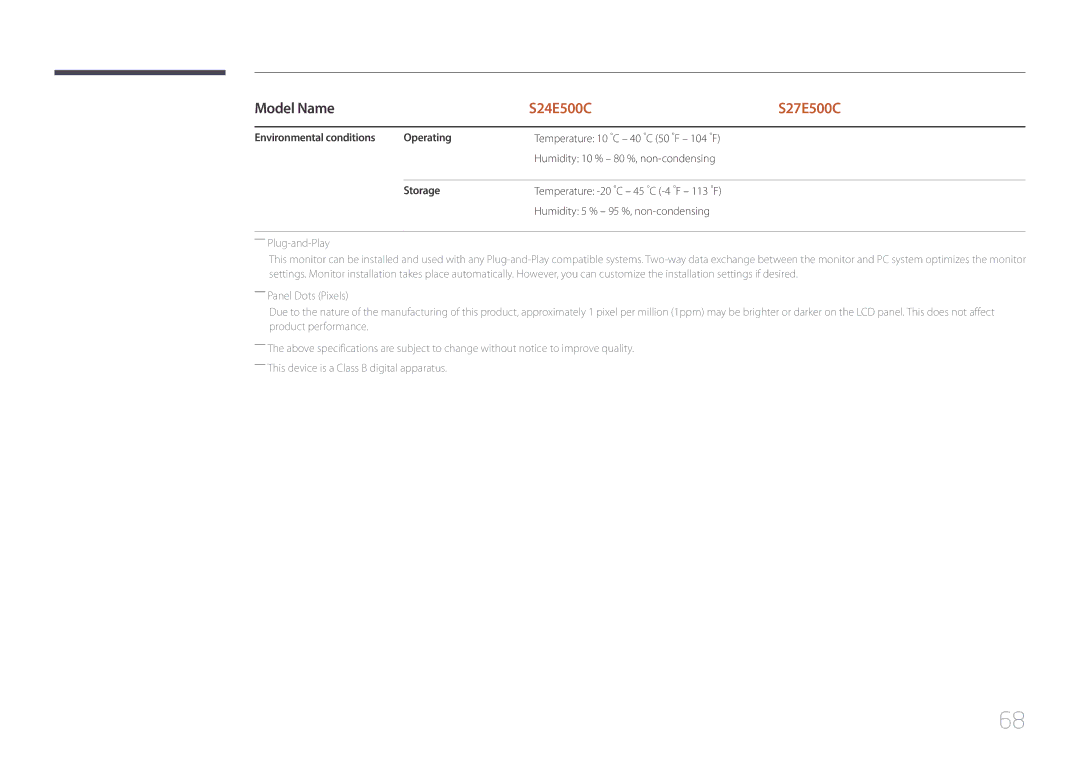 Samsung LS24E500CS/EN, LS27E500CSZ/EN, LS27E500CS/CI, LS24E500CS/CI manual Environmental conditions Operating, Storage 