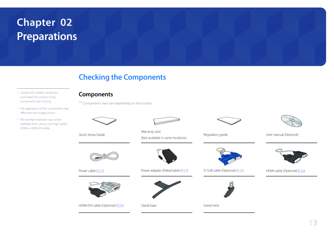 Samsung LS24E500CS/CI manual Preparations, Checking the Components, SUB cable Optional P.25 Hdmi cable Optional P.26 