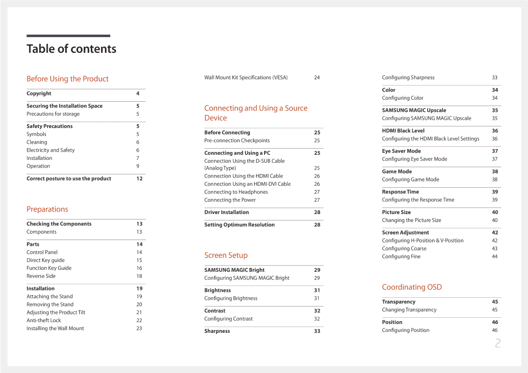 Samsung LS27E510CS/KZ, LS24E500CS/EN, LS27E500CSZ/EN, LS27E500CS/CI, LS24E510CS/CI, LS24E500CS/CI manual Table of contents 